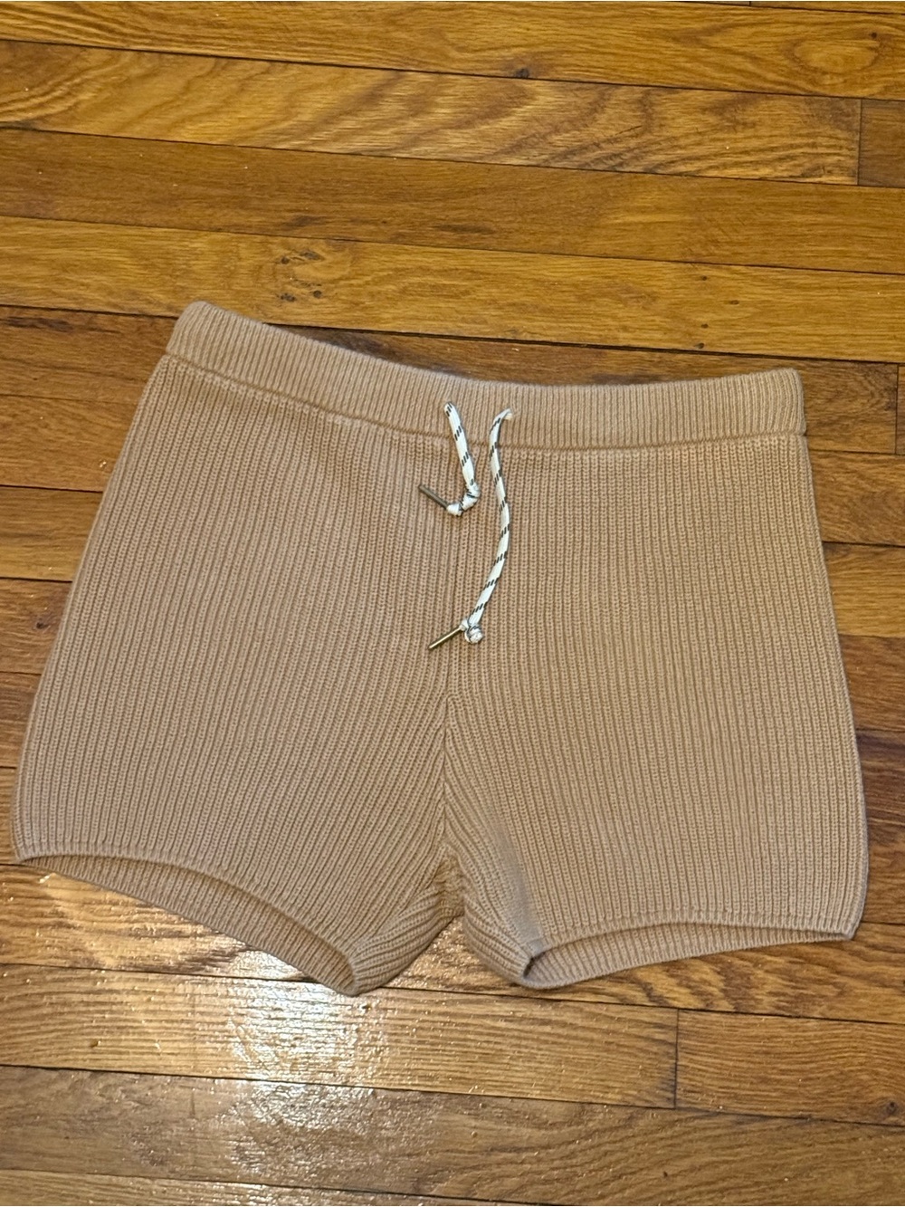 Reformation Tan Ribbed Knit Bike Shorts with Drawstring